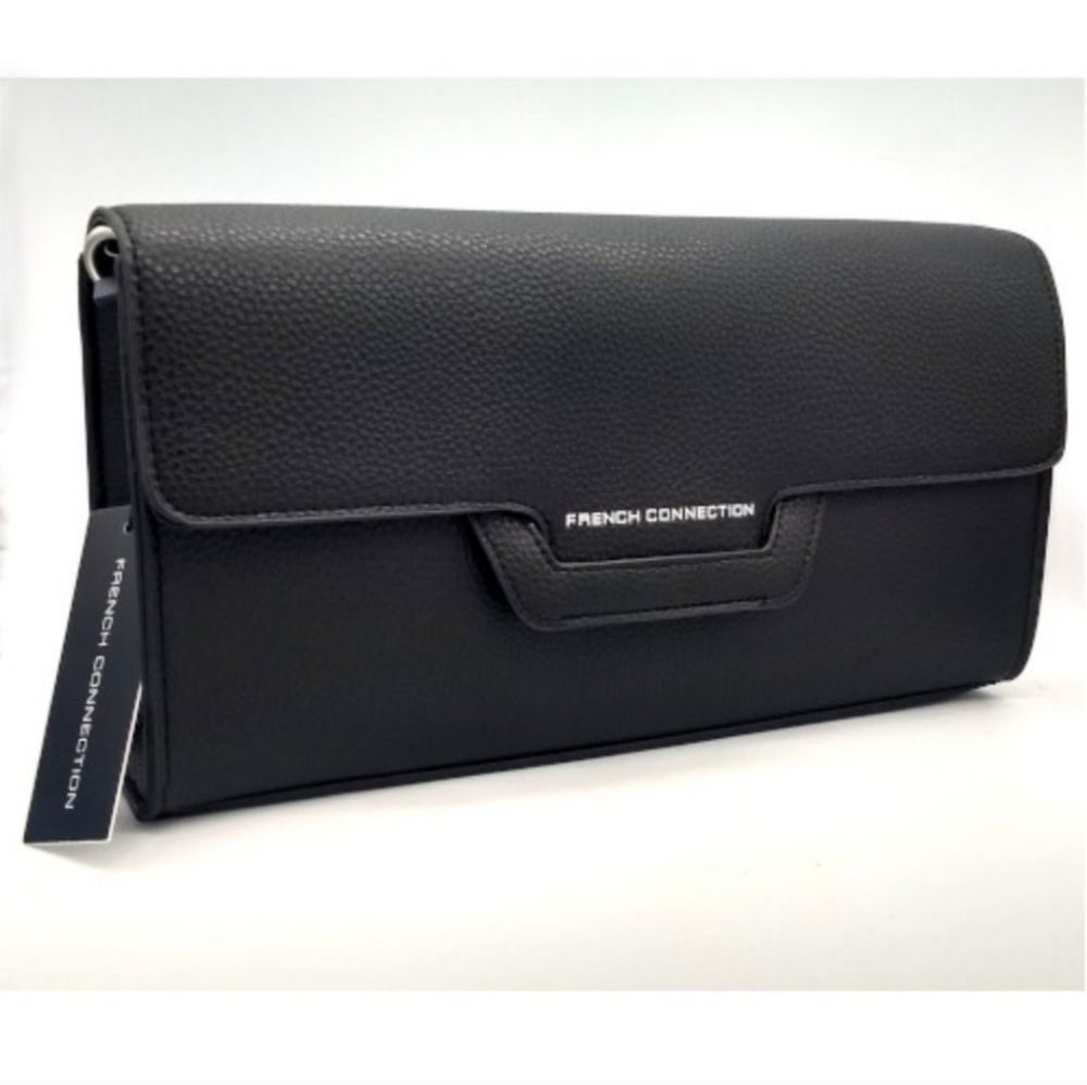 French Connection Classic Black Clutch Handbag with Silver Chain
